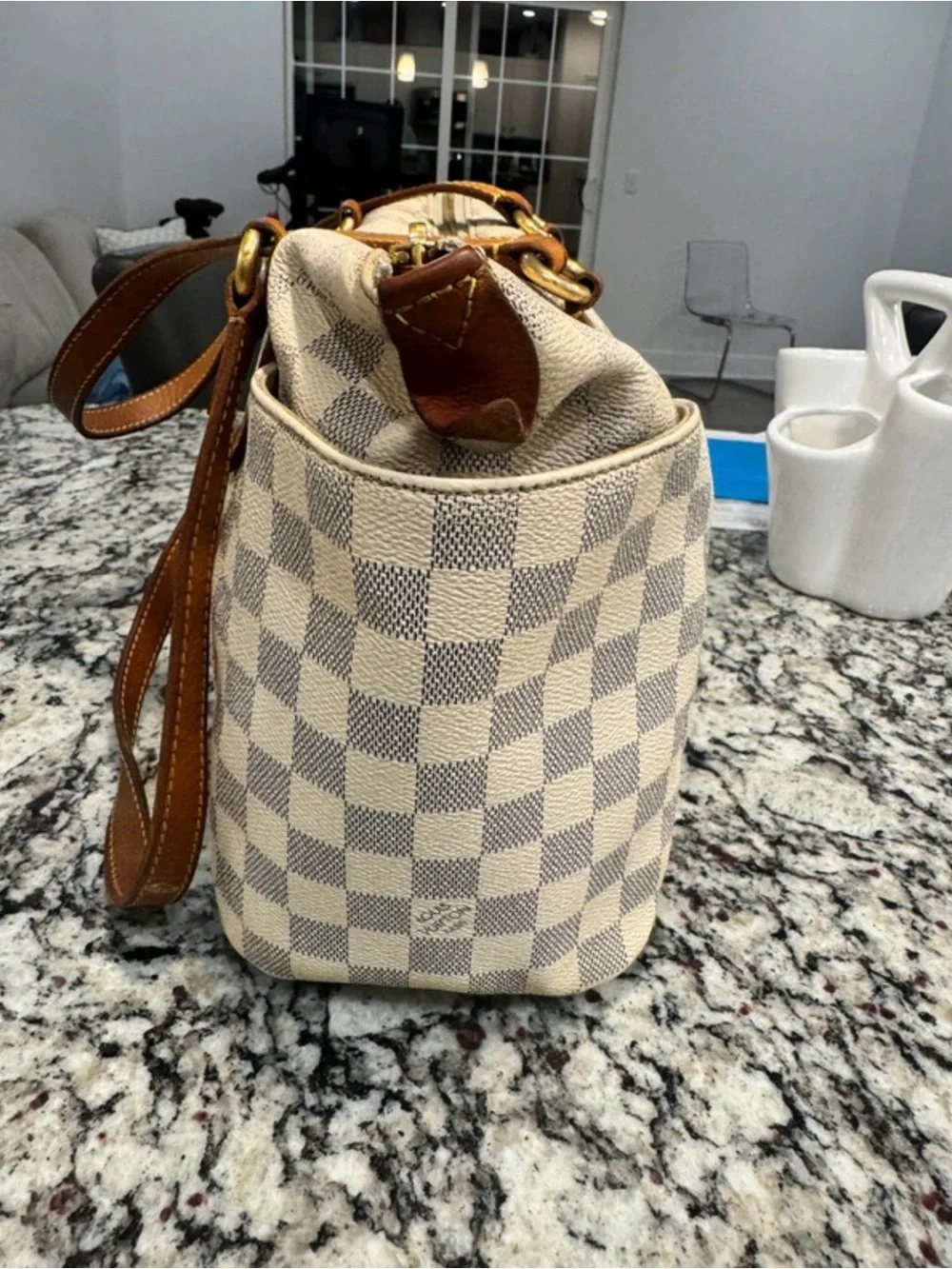 Louis Vuitton Cream Checkered Tote with Brown Leather Straps